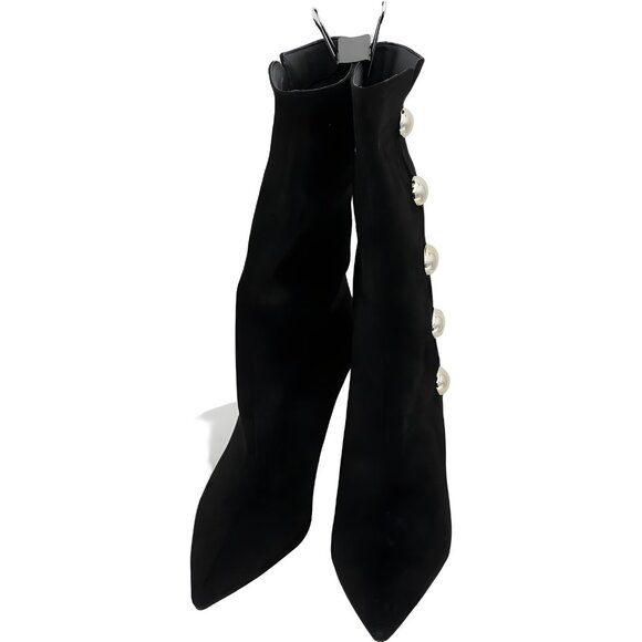Katy Perry Ornament Pearl Button Stiletto Pointed Toe Boots Black 9M - Picture 5 of 6